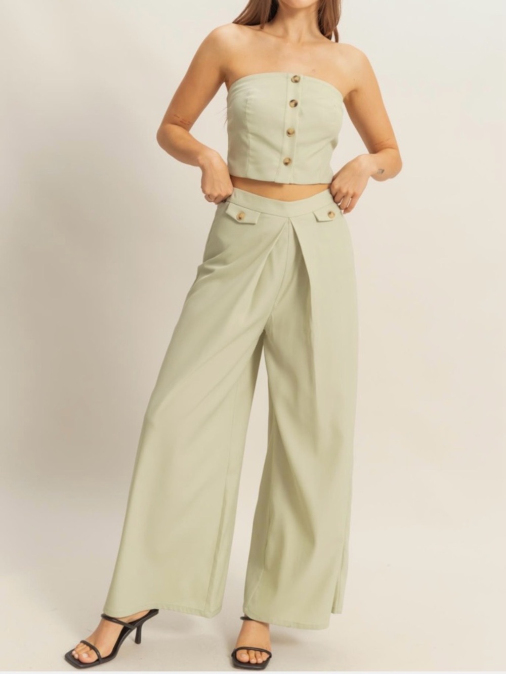 🟠NWT HYFVE 2PC Set - Strapless Button Top/Wide Leg Pants in Sage